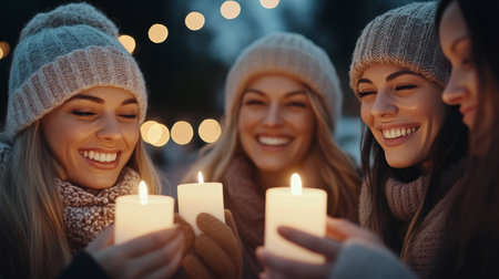 Four friends gather outdoors at night, holding lit candles and sharing laughter. Their warm attire contrasts with the chilly atmosphere, illuminated by soft lights in the background.の素材