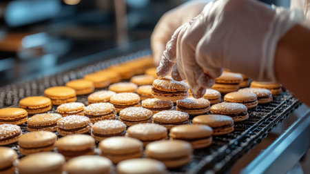 A baker is carefully stacking freshly made pastries in a busy bakery. The warm light highlights the delicious treats as the baker prepares for opening hour.の素材