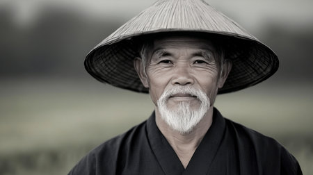 A senior man is kneeling in a fertile field, gently holding a young vegetable seedling. The lush greenery surrounds him, indicating a thriving agricultural environment.の素材