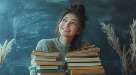 A young woman smiles brightly while surrounded by stacks of books in a classroom. The blackboard behind her has writing, suggesting a learning environment. She appears engaged and happy.の素材