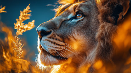 A lion with a magnificent mane stands proudly in a field of golden grass. The backdrop features a moody, cloudy sky, highlighting the lions regal presence in its natural habitat.の素材