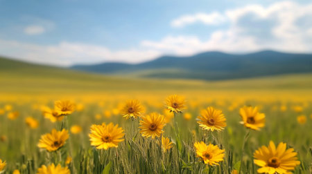 A vibrant expansion of yellow flowers fills the landscape, stretching towards rolling green hills. The sky is a brilliant blue with soft clouds, creating a serene atmosphere.の素材