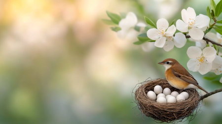 A nest containing multiple pale eggs is placed on the ground. The vibrant green background creates a serene atmosphere, emphasizing the natural beauty of the setting.の素材