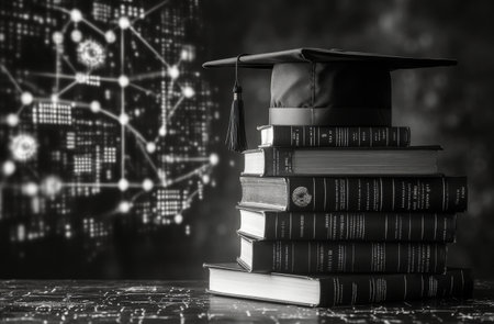 A graduation cap rests atop a stack of old books against a backdrop of mathematical equations. This setup illustrates the theme of academic achievement and knowledge.の素材