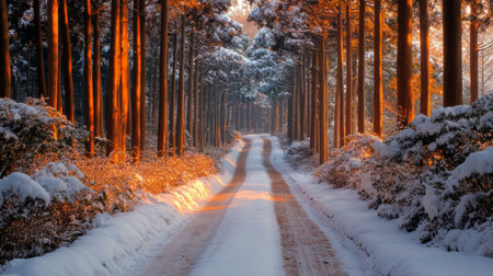 A winter pathway cuts through a serene forest with tall pine trees. Snow blankets the ground, while vibrant orange foliage adds color to the landscape. The atmosphere is calm and peaceful.の素材