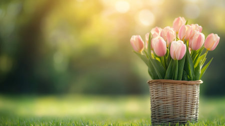 A wicker basket filled with delicate pink tulips stands on lush green grass under warm sunlight. The blurred background highlights the serene garden atmosphere.の素材