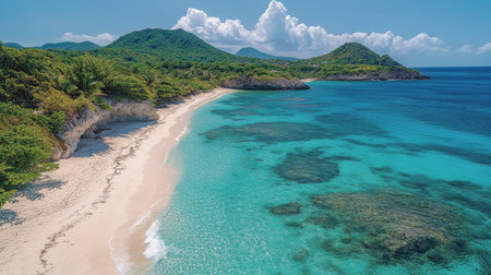 Calm waves gently lap against the sandy shore of an untouched beach, surrounded by hills of greenery and bright blue skies. The tranquil setting invites relaxation and exploration.の素材