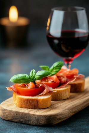 Bruschetta topped with juicy tomatoes, layers of prosciutto, and fresh basil sits on a wooden board beside a glass of red wine. A candle adds warmth to the setting, creating a cozy atmosphere.の素材