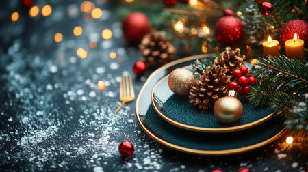 A beautifully arranged table displays two dark plates adorned with ornaments, pine cones, and festive decorations. Candles flicker softly among red baubles and greenery, creating a warm atmosphere.の素材