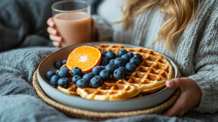 A smiling woman relaxes in bed surrounded by comfortable blankets, enjoying a tray of waffles, blueberries, and citrus fruits. A refreshing drink sits beside her in a serene, plant filled space.の素材