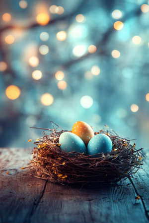 A nest made of twigs holds several pastel colored eggs, resting on a soft fabric. The background features gentle glowing lights, creating a serene atmosphere perfect for spring.の素材