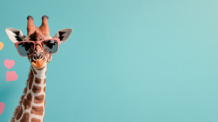 A giraffe stands against a bright turquoise background, wearing stylish black sunglasses. The animal exudes a fun and relaxed vibe while posing confidently.の素材