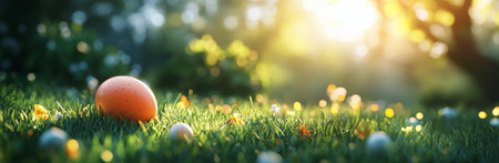 Brightly colored eggs are scattered across a vibrant green lawn, with sunlight streaming through the trees, creating a cheerful atmosphere. Springtime blossoms enhance the scenes beauty.の素材