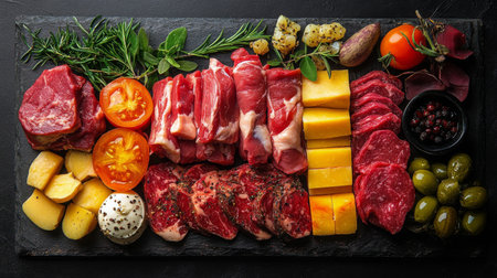 Various cuts of fresh meats and fish are artistically arranged on a black slate platter.の素材