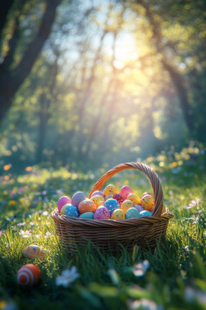 A wicker basket overflowing with brightly colored Easter eggs rests on a grassy meadow filled with vibrant spring flowers. Warm sunlight filters through the trees, creating a cheerful atmosphere.の素材