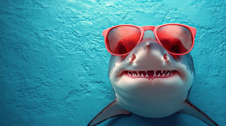 A shark sports pink sunglasses while posing against a vibrant blue background, showcasing a fun and light hearted underwater atmosphere in a playful style.の素材