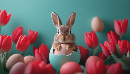 A fluffy white rabbit peers out from a modern, egg shaped nest while surrounded by bright red tulips. The vibrant colors create a cheerful and lively atmosphere.の素材