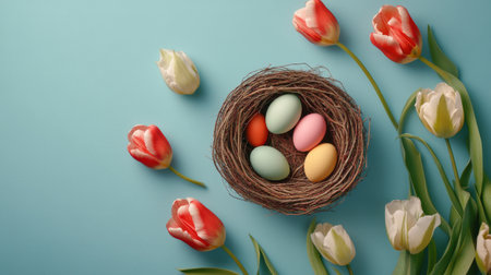 A nest containing blue, pink, and green eggs is surrounded by vibrant tulips on a soft blue background. This arrangement highlights the joy of spring and Easter festivities.の素材