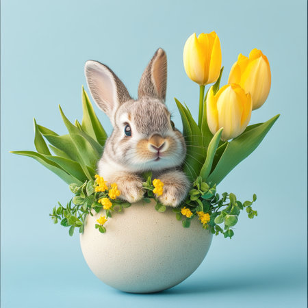 A small rabbit sits nestled in a cracked eggshell planter filled with vibrant yellow tulips and fresh greenery. The soft pastel background adds to the springtime ambiance.の素材