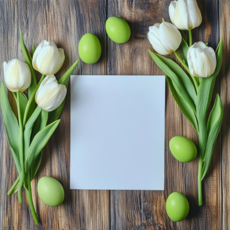 Fresh white tulips are arranged alongside decorative speckled eggs and a blank card. This spring setup on a wooden surface creates a serene atmosphere for creative expression.の素材