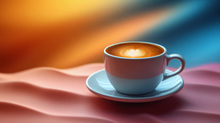 A coffee cup filled with steaming dark brew sits on a textured brown surface. The background features gradient shades of brown and orange, enhancing the warmth of the scene.の素材