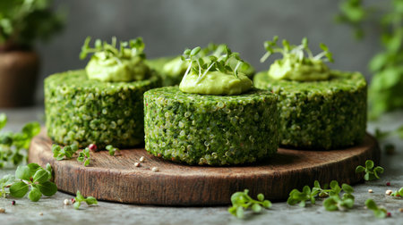 Quinoa patties are grilled to a perfect brown, adorned with freshly chopped herbs. The rustic wooden board complements the dish, enhancing its appetizing presentation.の素材