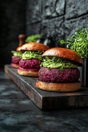 Savor this mouthwatering quinoa and beetroot burger stacked high with vibrant colors. The bun is topped with fresh greens, making it a nutritious and appetizing meal option for any time.の素材
