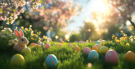 A small brown rabbit pauses amid vibrant Easter eggs scattered on lush green grass, enjoying the warm sunlight in a beautiful meadow filled with blooming flowers.の素材