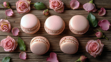 Five pink macarons are beautifully arranged on a rustic wooden surface, surrounded by scattered rose petals. The delicate sweets create a soft, romantic atmosphere that invites indulgence.の素材