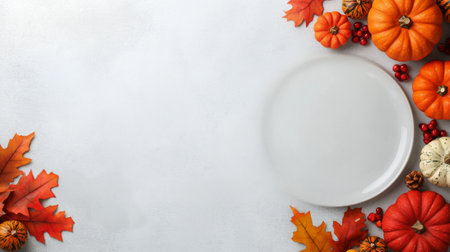A beautifully arranged table setting featuring white cutlery on a plate surrounded by autumn leaves, pumpkins, and a bowl of berries. Perfect for a fall gathering or celebration.の素材