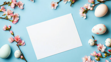 A blank piece of textured paper is surrounded by delicate cherry blossom flowers and pastel colored eggs, creating a serene spring aesthetic perfect for seasonal invitations or crafts.の素材