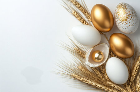 Three white eggs and one golden egg are elegantly positioned alongside wheat stalks on a light background. This arrangement is ideal for spring celebrations and festive occasions.の素材