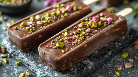 Three chocolate popsicles are elegantly arranged on a dark surface, garnished with crushed pistachios and rose petals, creating a vibrant and appetizing dessert. Ideal for warm days.の素材