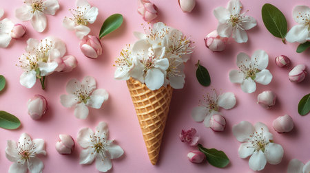 Three waffle cones are artistically arranged, each filled with fresh white flowers. Small pink blossoms and green leaves surround the cones on a soft pink surface, creating a whimsical and fresh look.の素材