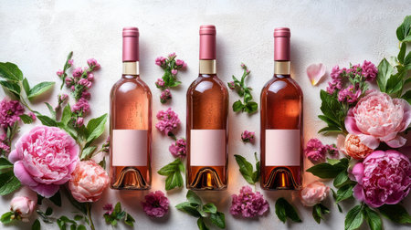 A wine bottle with a blank label is centrally placed among vibrant pink peonies and greenery. Soft pink ribbons accentuate the arrangement, perfect for a spring gathering or celebration.の素材
