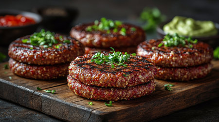 Quinoa patties are grilled to a perfect brown, adorned with freshly chopped herbs. The rustic wooden board complements the dish, enhancing its appetizing presentation.の素材