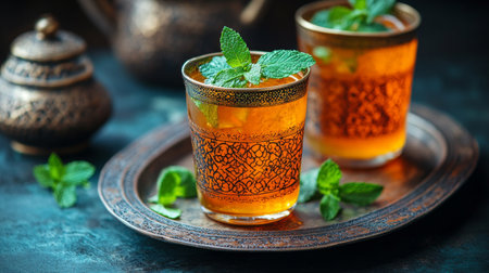 Three vibrant glasses of mint tea sit on a rustic wooden tray, garnished with fresh mint leaves. The warm lighting creates an inviting atmosphere perfect for relaxation.の素材