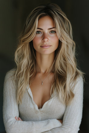 A woman with long wavy hair stands confidently with her arms crossed in a softly lit room. The natural light highlights her features, creating a warm and inviting atmosphere.の素材