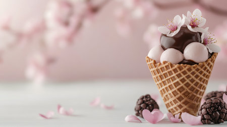 Hands hold three cone servings of strawberry ice cream with pink scoops. The vibrant colors contrast with the light blue backdrop, creating an inviting and refreshing visual.の素材
