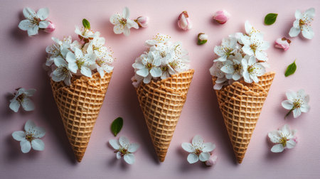 Three waffle cones are artistically arranged, each filled with fresh white flowers. Small pink blossoms and green leaves surround the cones on a soft pink surface, creating a whimsical and fresh look.の素材