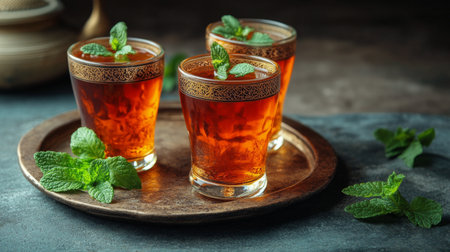 Three vibrant glasses of mint tea sit on a rustic wooden tray, garnished with fresh mint leaves. The warm lighting creates an inviting atmosphere perfect for relaxation.の素材