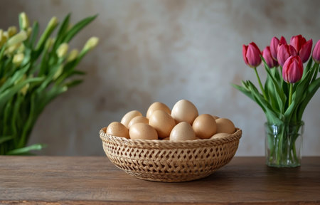 A rustic basket filled with vibrant tulips and speckled decorative eggs is beautifully arranged. Delicate branches with blossoms complement the springtime display, creating an inviting atmosphere.の素材