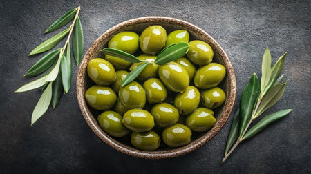 A rustic bowl holds an abundance of shiny green olives, surrounded by fresh olive leaves that add an earthy touch. The dark surface enhances the vibrant colors of the olives.の素材
