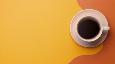 A warm cup of black coffee sits on a pale beige saucer, resting on a bright orange and yellow backdrop, inviting moments of relaxation and enjoyment during any time of the day.の素材