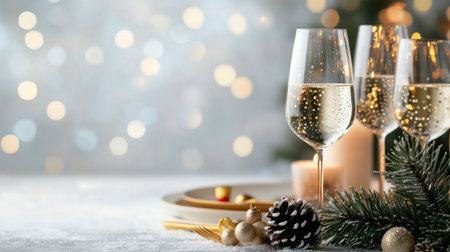 A beautiful holiday table arrangement featuring pinecones, ornaments, a golden candle, and soft bokeh lights in the background. Perfect for festive gatherings and celebrations.の素材