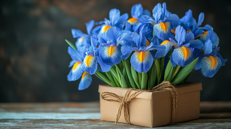 A vibrant bouquet featuring orange and purple iris flowers is arranged in a square cream vase. The floral display rests on a rustic wooden table with a soft, blurred background.の素材