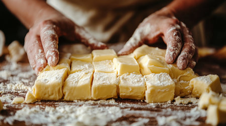A skilled pastry chef meticulously crafts croissants by arranging fresh butter cubes in a bustling bakery during the morning hours. Flour dusts the countertop, adding to the lively atmosphere.の素材