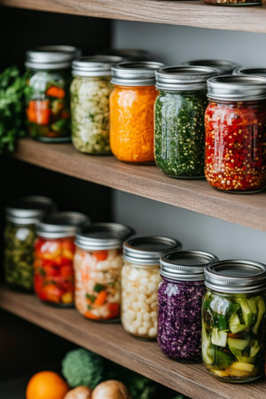 Jars filled with vibrant pickled vegetables and fruits are arranged neatly on a kitchen counter. Fresh ingredients like cucumbers and peppers contrast with citrus slices nearby.の素材