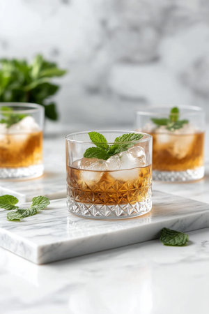 Three stylish glasses containing white beverages are placed on a wooden tray. A pot of fresh mint sits in the background, adding a vibrant touch to the setup.の素材