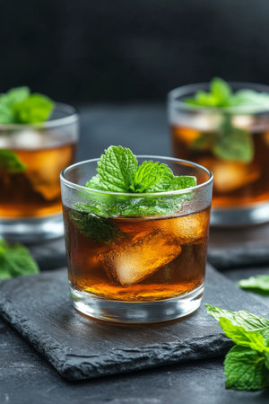 Three glasses of mint infused drinks sit on a dark surface, garnished with fresh mint leaves. Ice cubes float in the rich beverage, creating a refreshing summer appeal.の素材